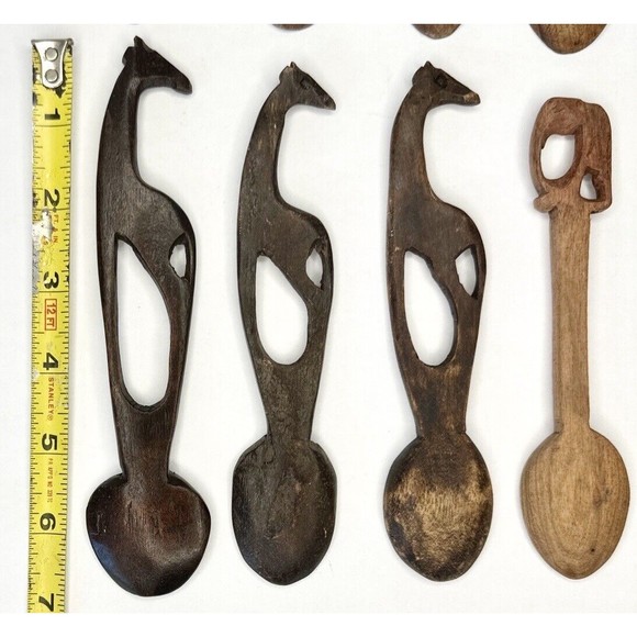 8 Wooden animal Carved Spoons Safari Animals Hand Carved Giraffe Elephant - Picture 8 of 10